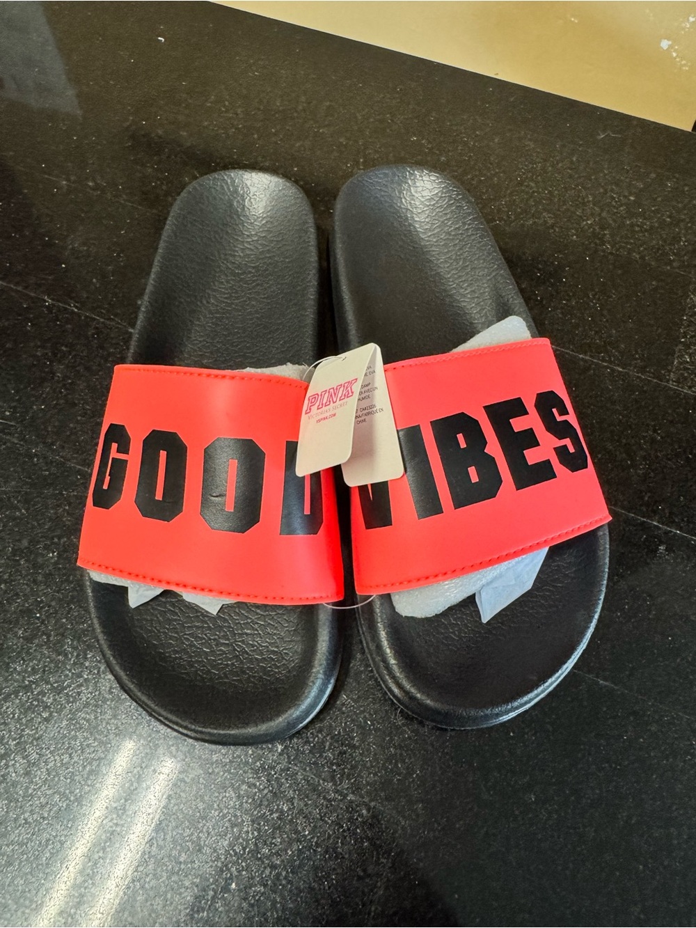 PINK Victoria's Secret Black Slide Sandals with Bright Red "GOOD VIBES" Strap